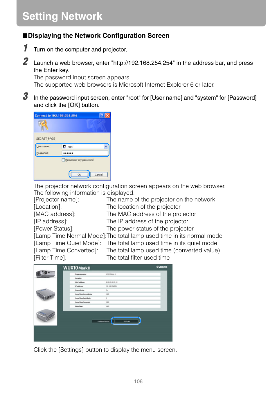 Setting network, Displaying the network configuration screen | Canon REALIS WUX10 MARK II D User Manual | Page 108 / 146