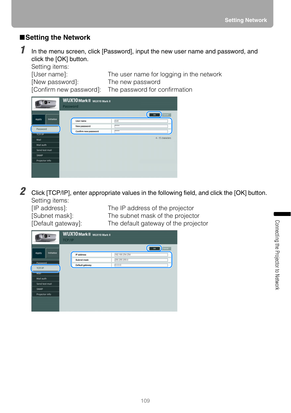 Setting the network | Canon REALIS WUX10 MARK II D User Manual | Page 109 / 146