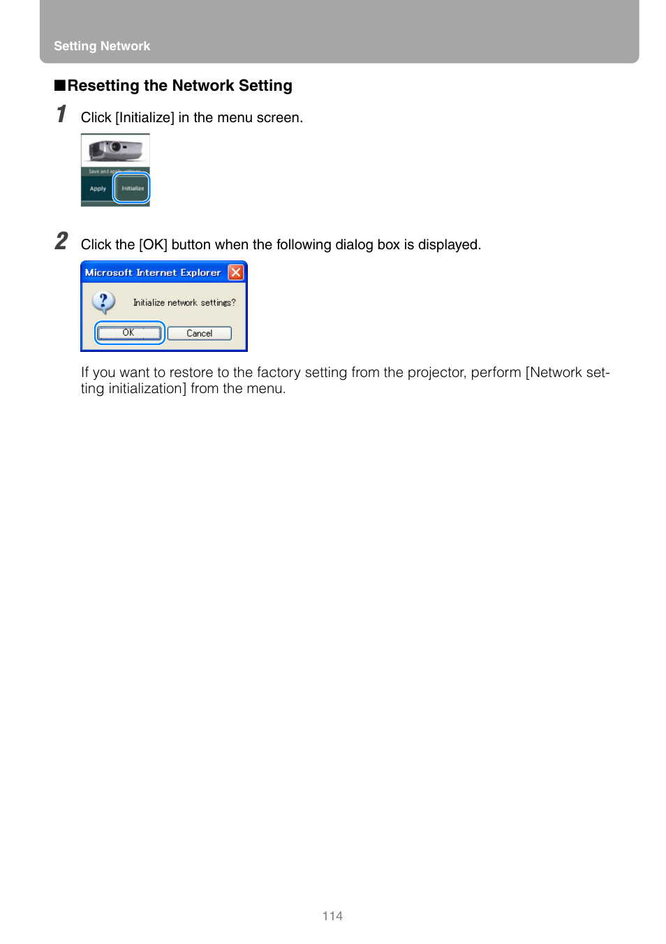 Resetting the network setting, P114 | Canon REALIS WUX10 MARK II D User Manual | Page 114 / 146