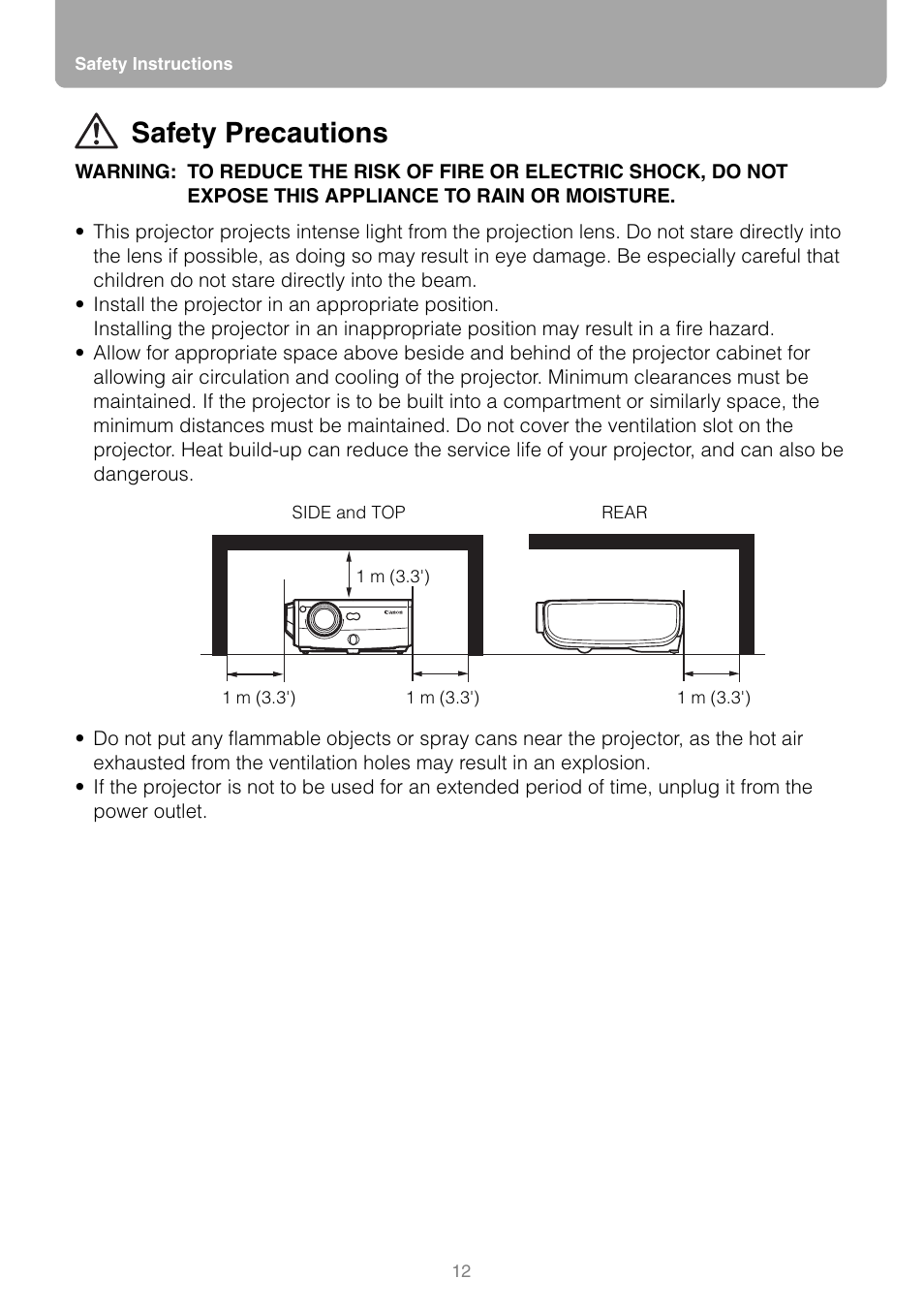 Safety precautions | Canon REALIS WUX10 MARK II D User Manual | Page 12 / 146