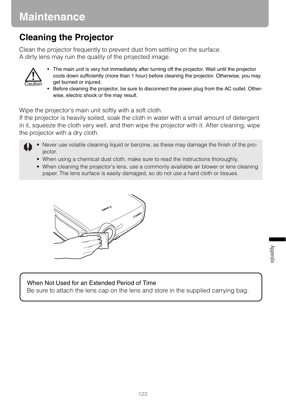 Maintenance, Cleaning the projector, P123 | Canon REALIS WUX10 MARK II D User Manual | Page 123 / 146