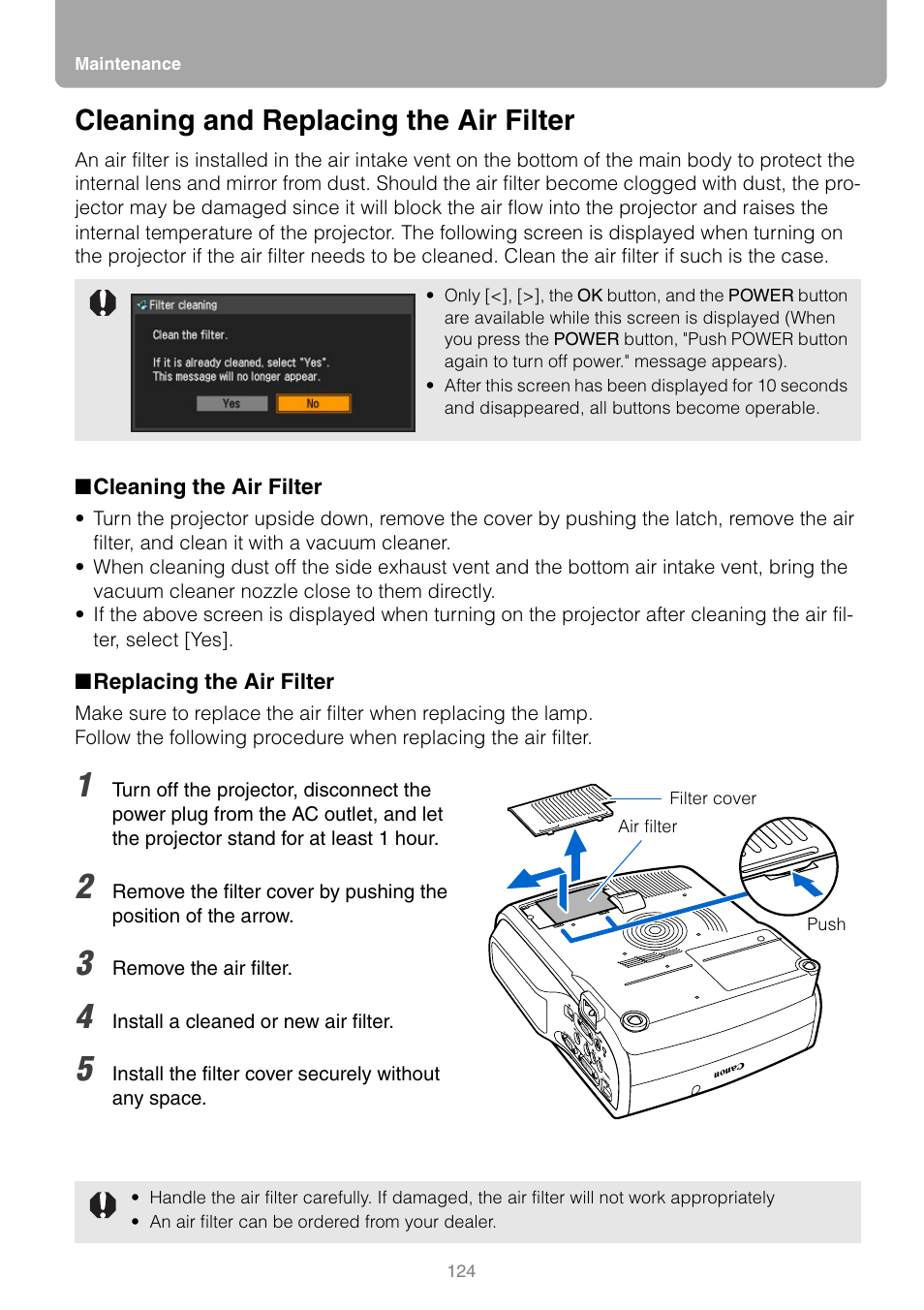 Cleaning and replacing the air filter, Cleaning the air filter, Replacing the air filter | P124 | Canon REALIS WUX10 MARK II D User Manual | Page 124 / 146