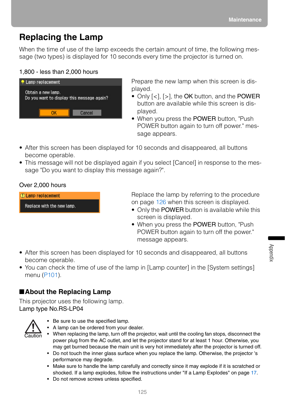 Replacing the lamp, About the replacing lamp, P125 | Canon REALIS WUX10 MARK II D User Manual | Page 125 / 146