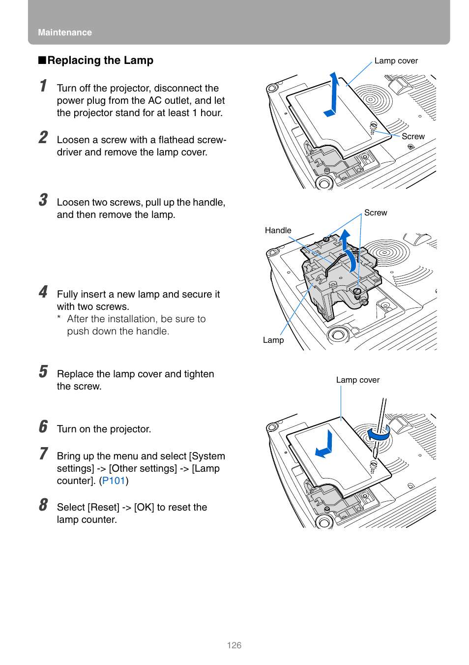 Replacing the lamp, P126, When | Canon REALIS WUX10 MARK II D User Manual | Page 126 / 146