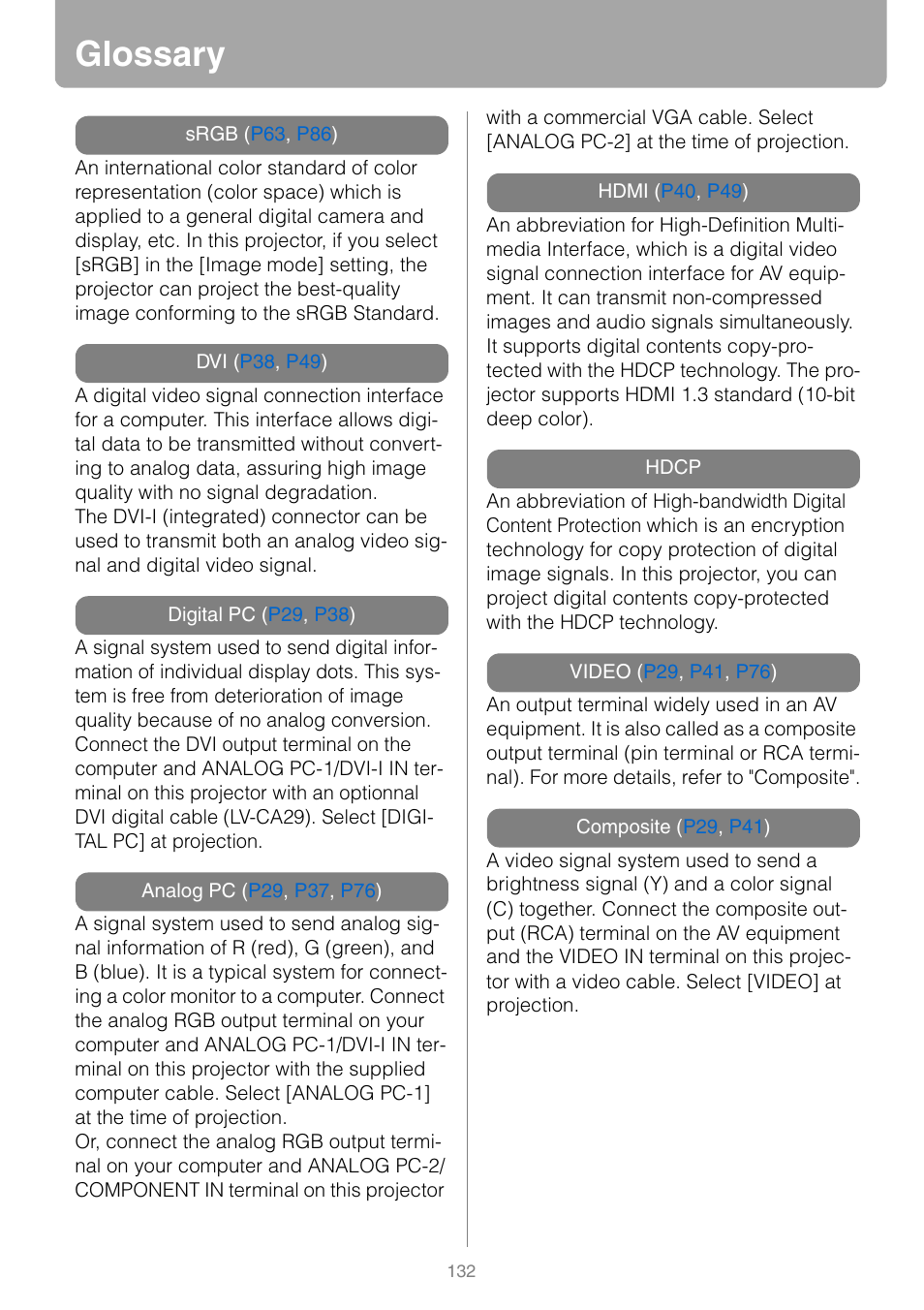 Glossary, P132 | Canon REALIS WUX10 MARK II D User Manual | Page 132 / 146