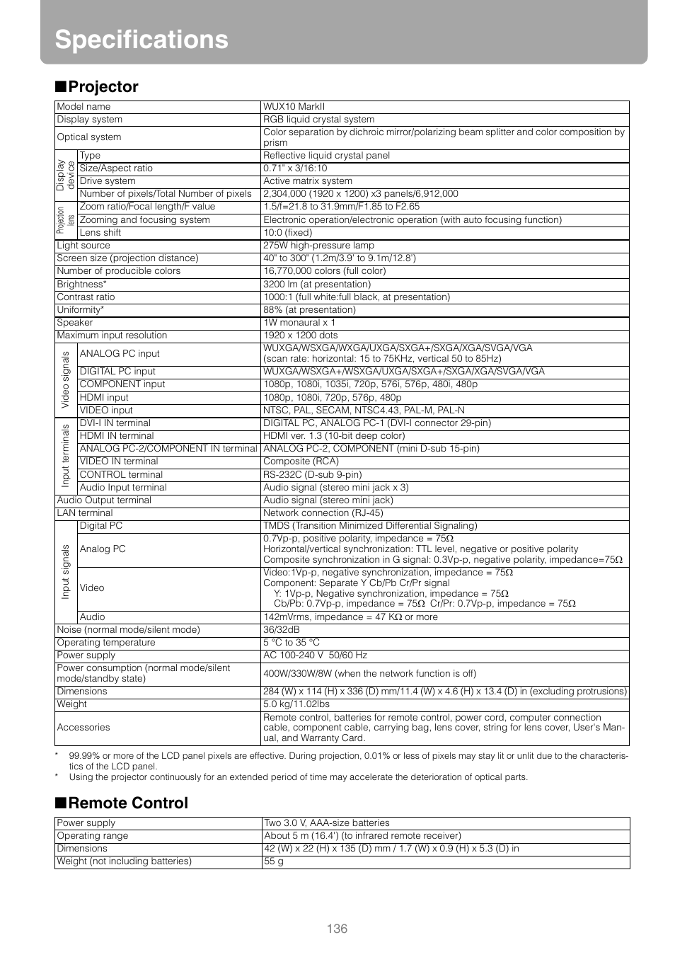 Specifications, Projector, Remote control | Canon REALIS WUX10 MARK II D User Manual | Page 136 / 146