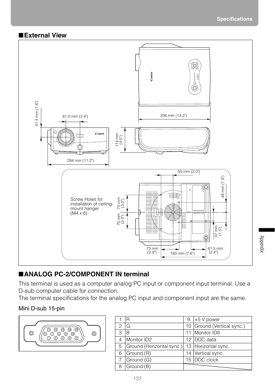 External view, Analog pc-2/component in terminal, P137 | External view ■ analog pc-2/component in terminal | Canon REALIS WUX10 MARK II D User Manual | Page 137 / 146