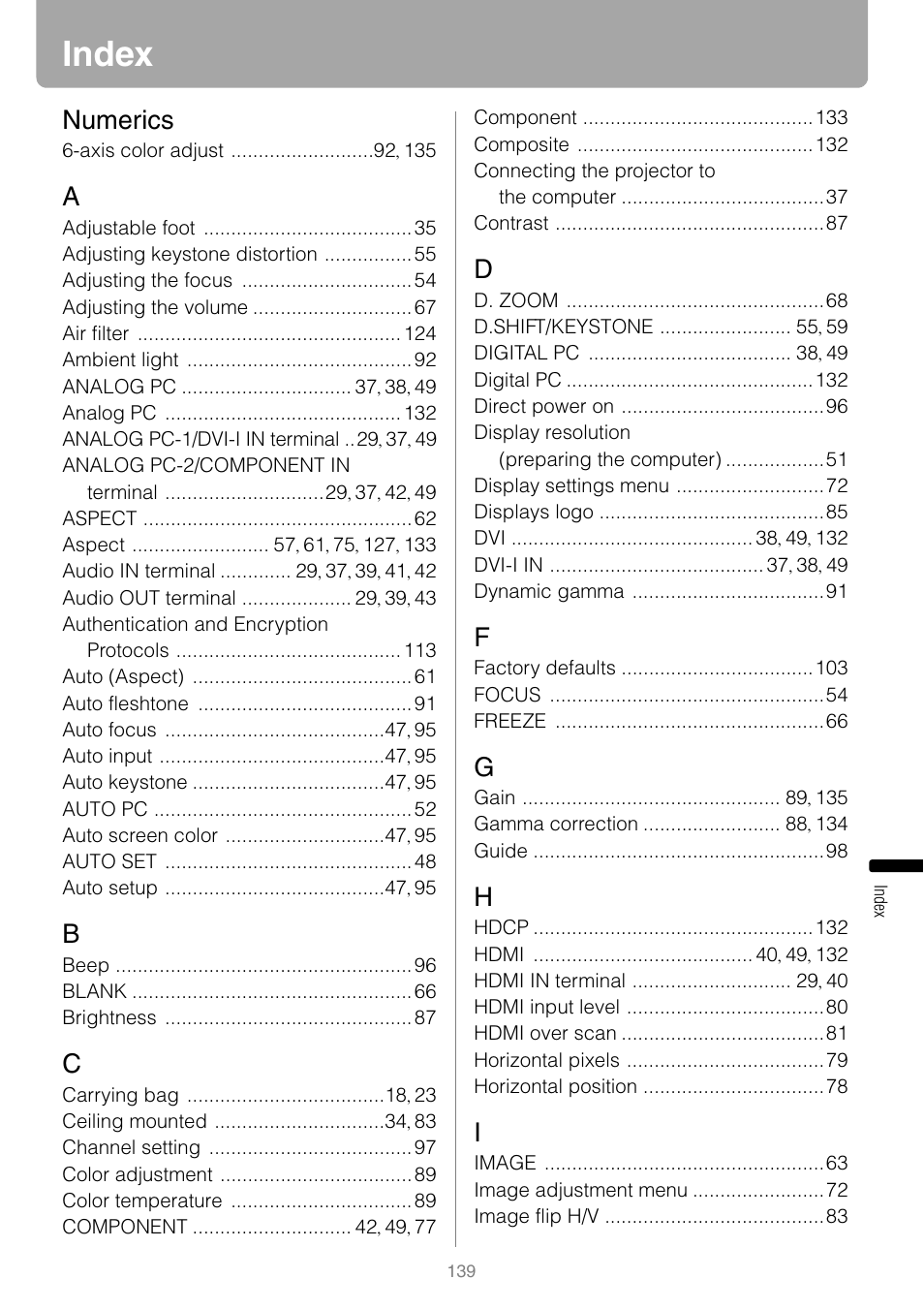Index, Numerics | Canon REALIS WUX10 MARK II D User Manual | Page 139 / 146