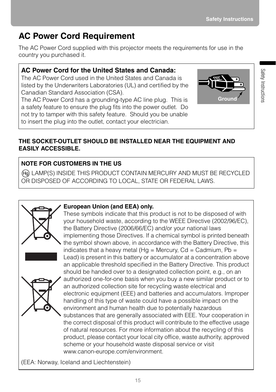 Ac power cord requirement | Canon REALIS WUX10 MARK II D User Manual | Page 15 / 146