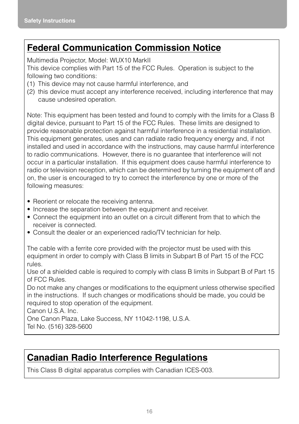 Federal communication commission notice, Canadian radio interference regulations | Canon REALIS WUX10 MARK II D User Manual | Page 16 / 146