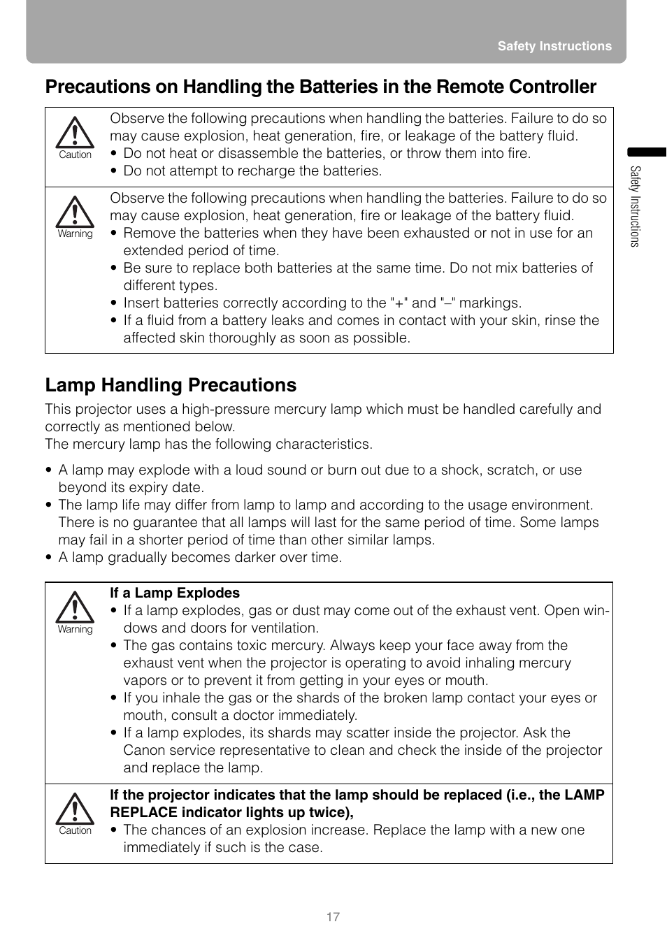 Lamp handling precautions | Canon REALIS WUX10 MARK II D User Manual | Page 17 / 146