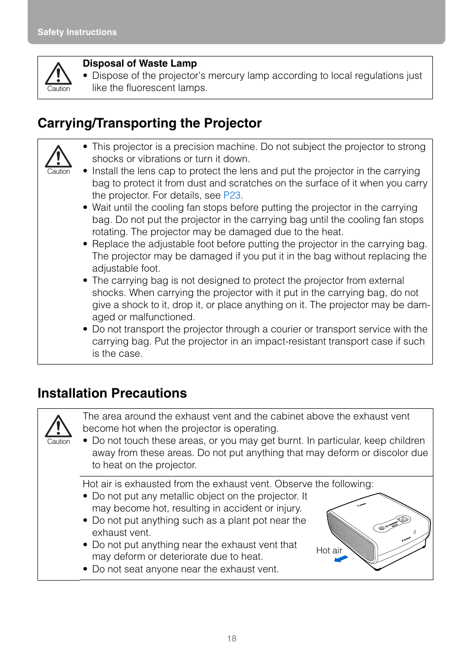 Carrying/transporting the projector, Installation precautions | Canon REALIS WUX10 MARK II D User Manual | Page 18 / 146