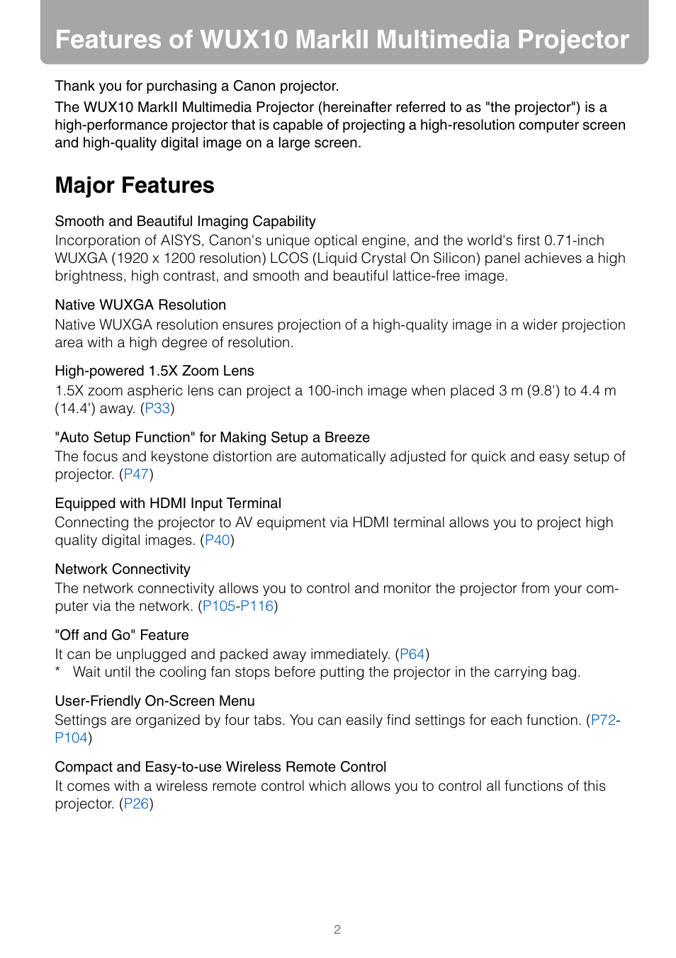 Features of wux10 markii multimedia projector, Major features | Canon REALIS WUX10 MARK II D User Manual | Page 2 / 146