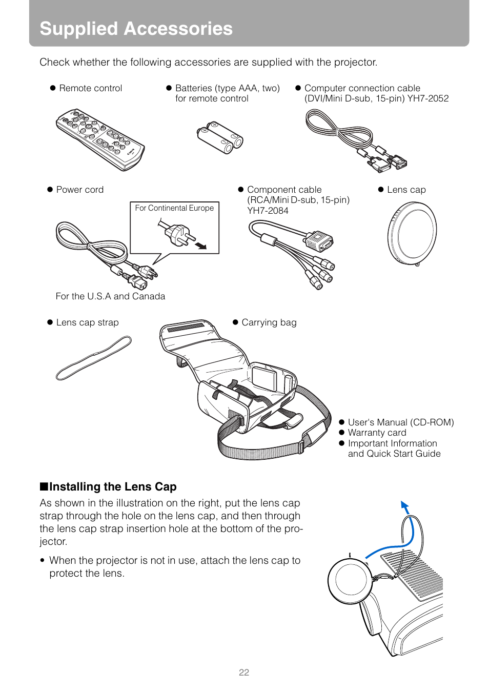 Supplied accessories, Installing the lens cap | Canon REALIS WUX10 MARK II D User Manual | Page 22 / 146