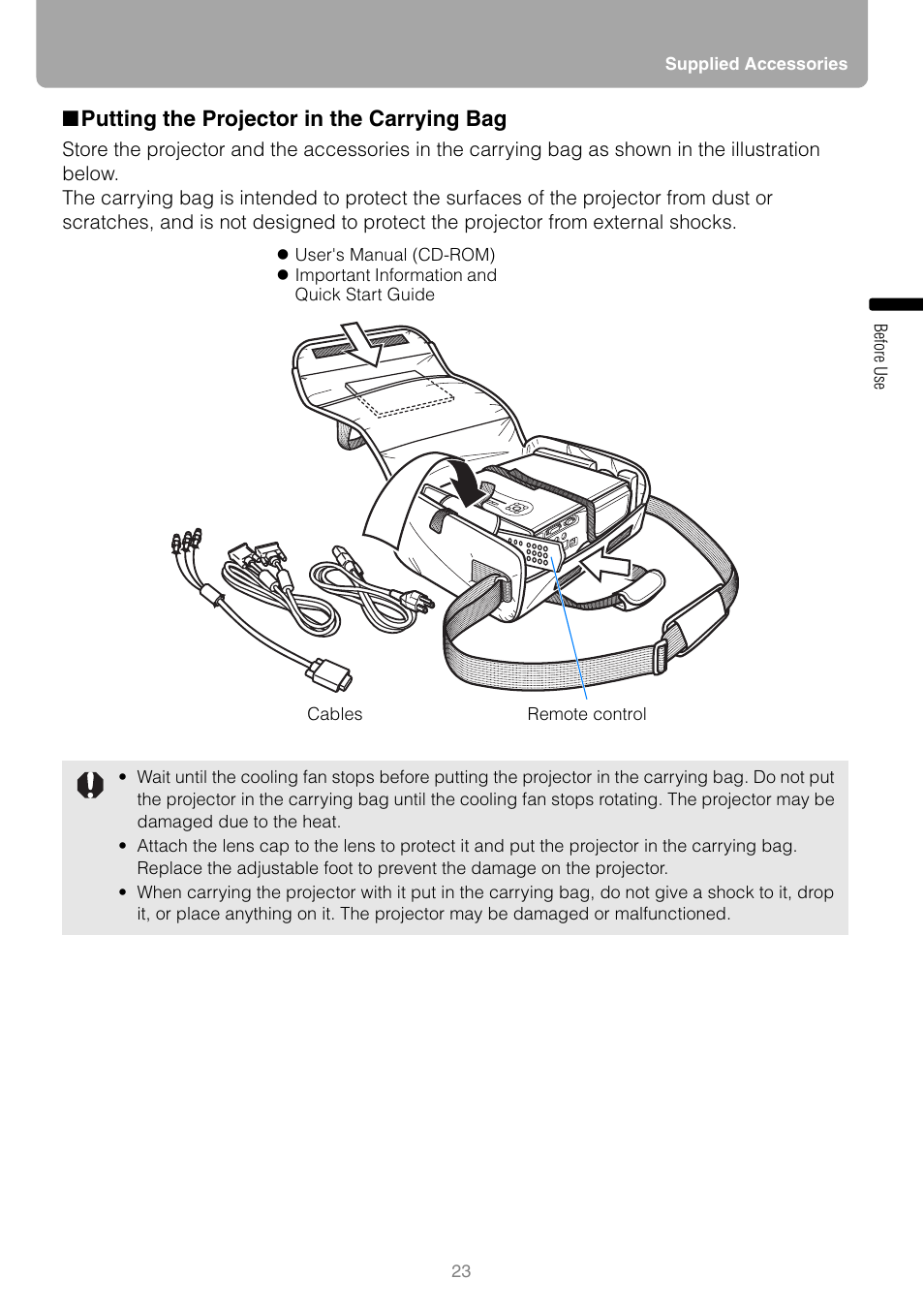 Putting the projector in the carrying bag | Canon REALIS WUX10 MARK II D User Manual | Page 23 / 146