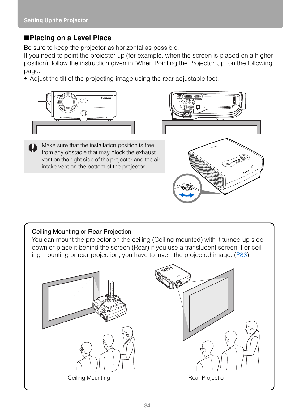 Placing on a level place | Canon REALIS WUX10 MARK II D User Manual | Page 34 / 146