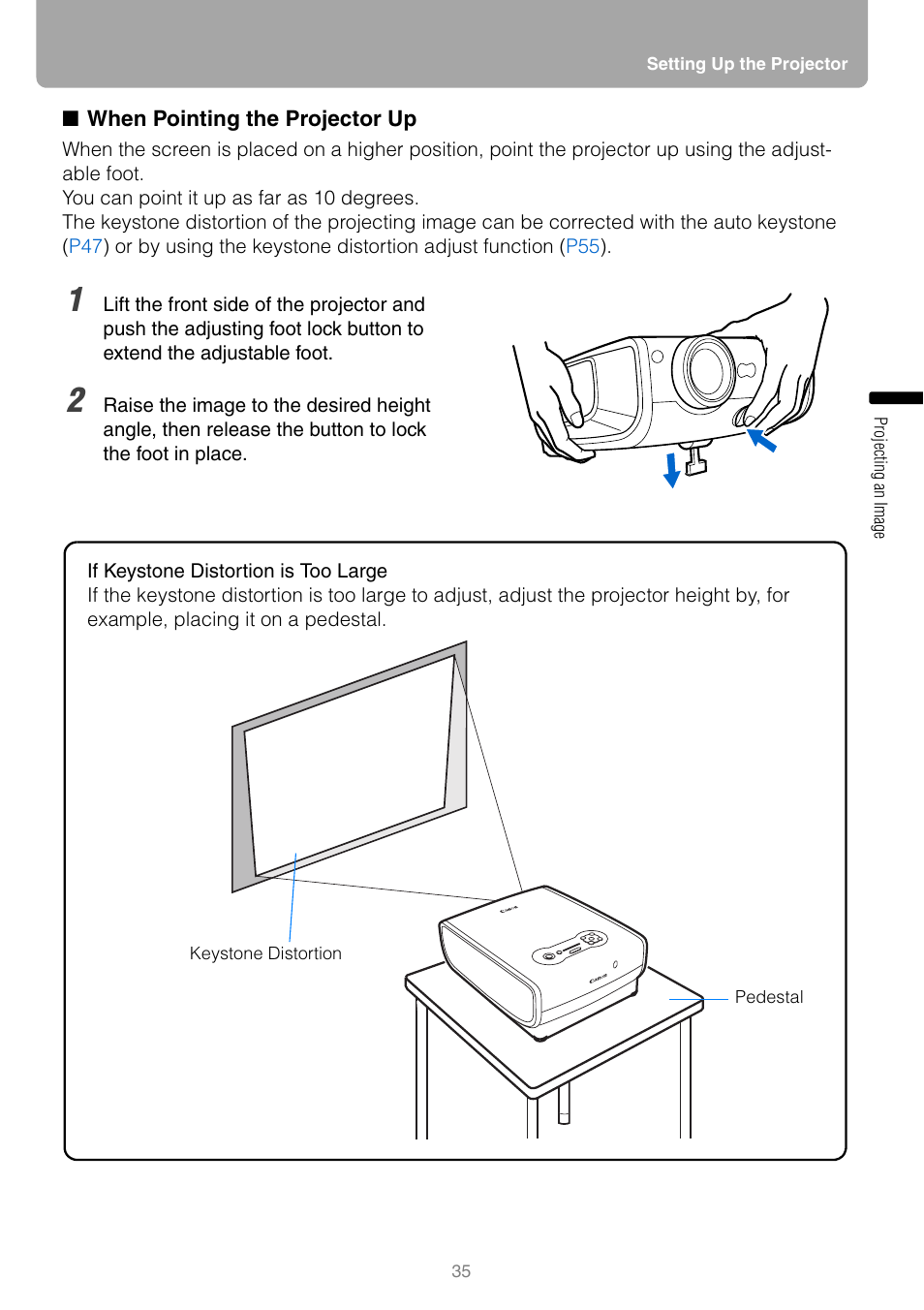 When pointing the projector up, Lock button | Canon REALIS WUX10 MARK II D User Manual | Page 35 / 146