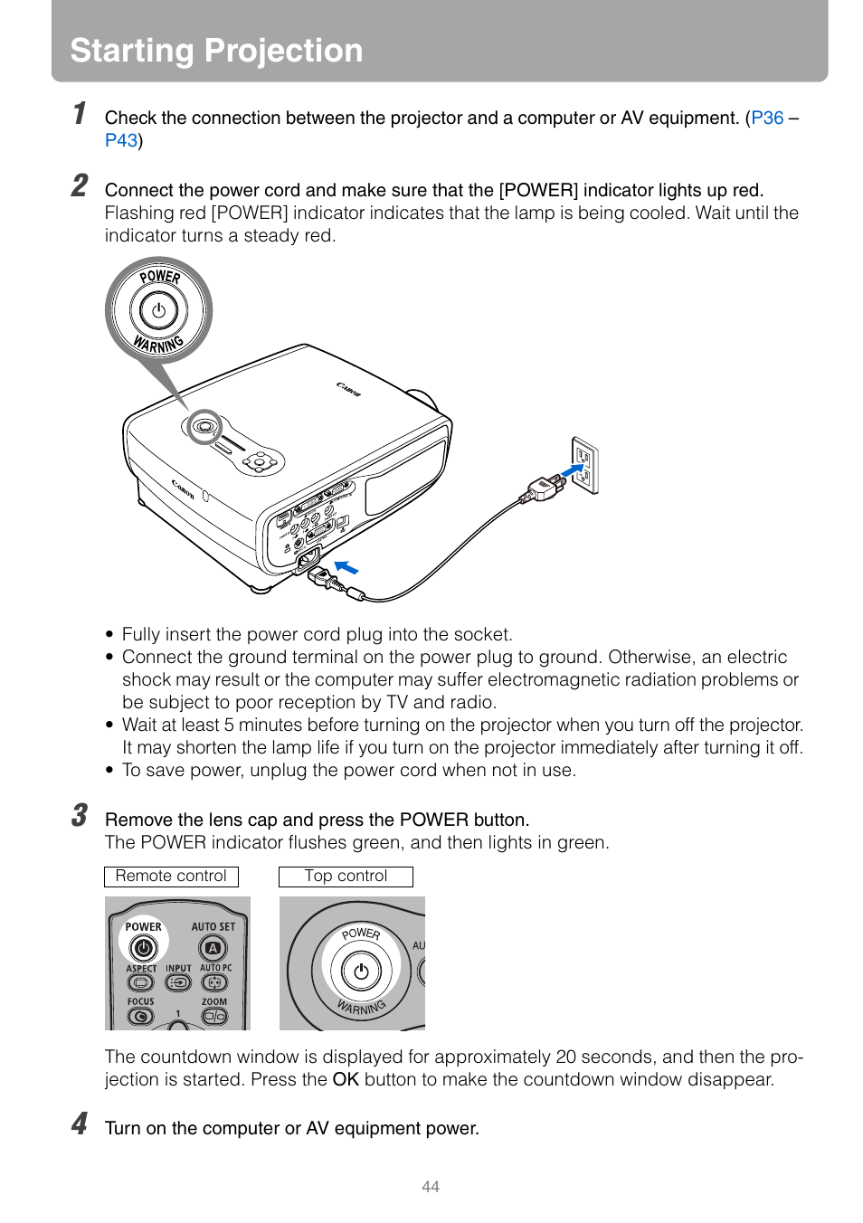 Starting projection, Button/lamp | Canon REALIS WUX10 MARK II D User Manual | Page 44 / 146