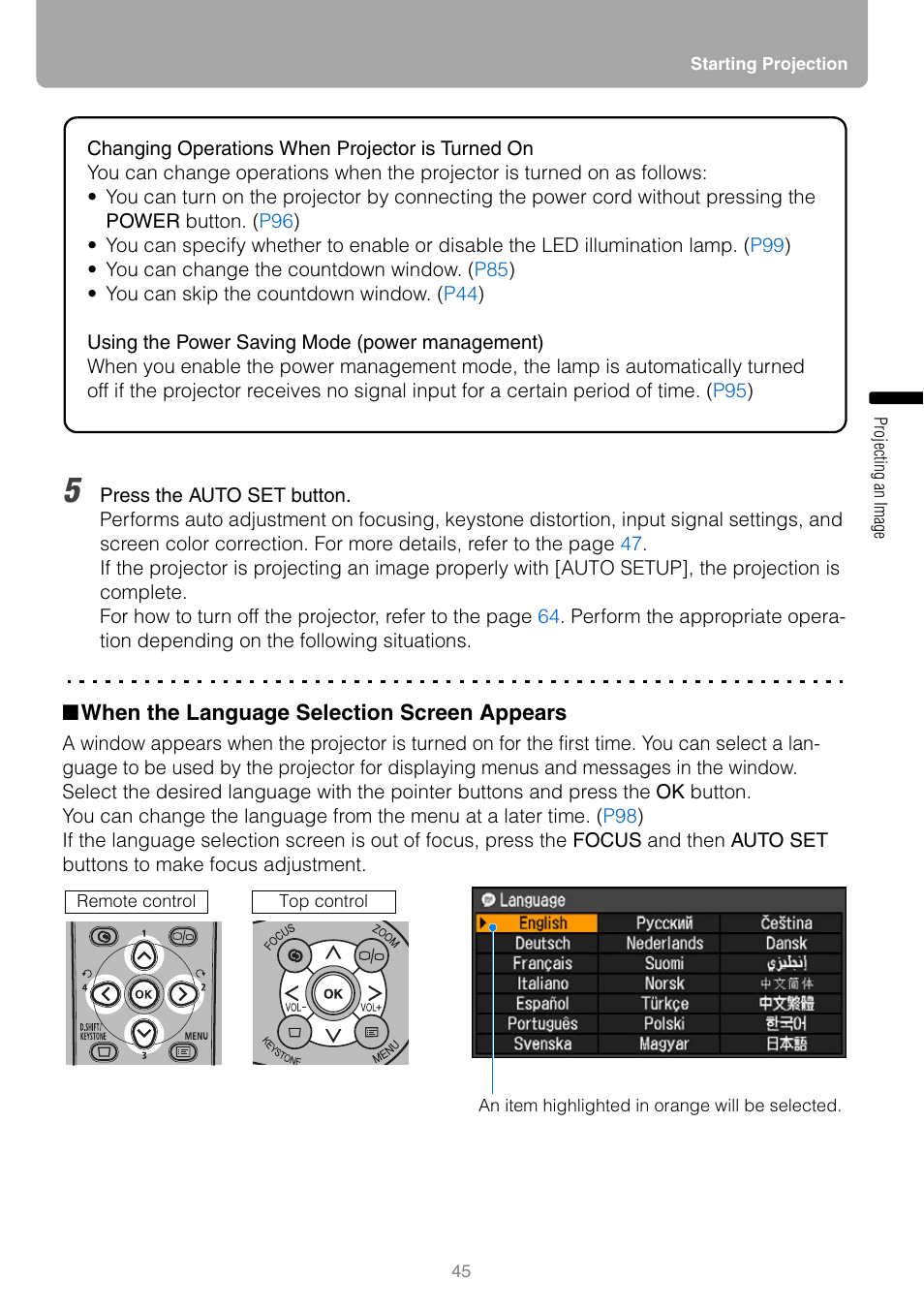 When the language selection screen appears | Canon REALIS WUX10 MARK II D User Manual | Page 45 / 146