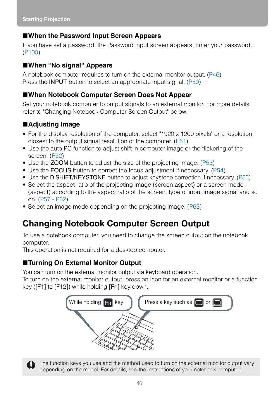 When the password input screen appears, When "no signal" appears, When notebook computer screen does not appear | Adjusting image, Changing notebook computer screen output, Turning on external monitor output, Tor output | Canon REALIS WUX10 MARK II D User Manual | Page 46 / 146