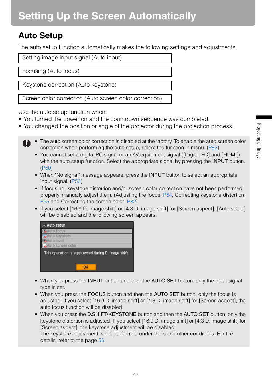 Setting up the screen automatically, Auto setup | Canon REALIS WUX10 MARK II D User Manual | Page 47 / 146