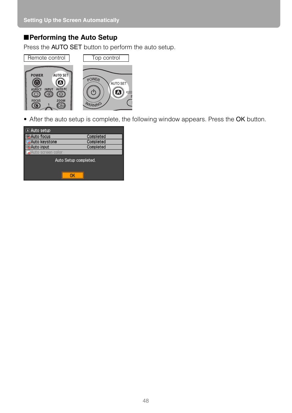 Performing the auto setup, Tton | Canon REALIS WUX10 MARK II D User Manual | Page 48 / 146