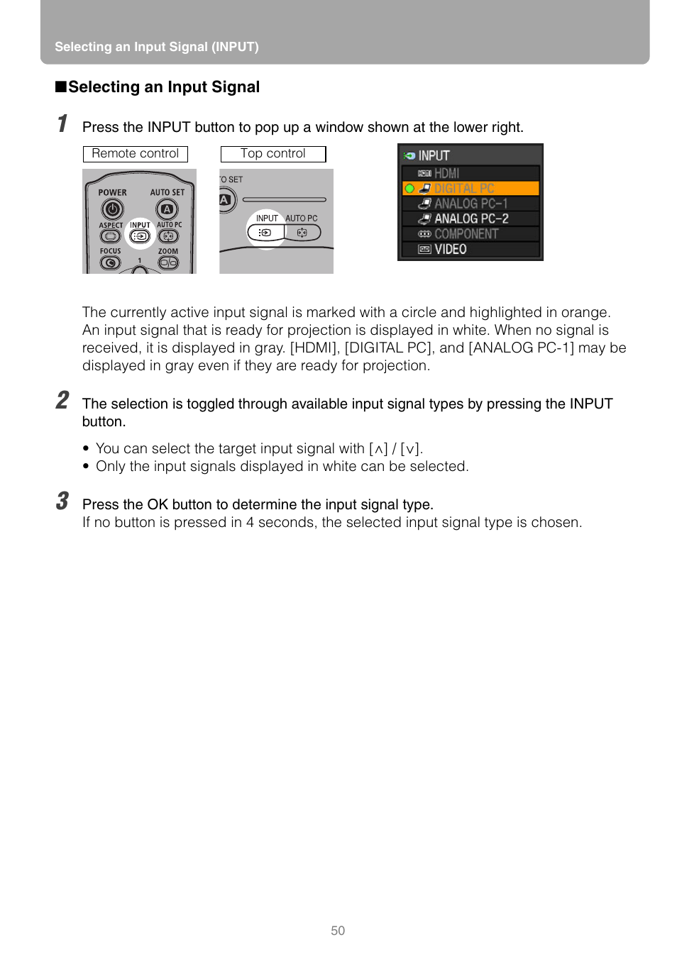 Selecting an input signal, Button | Canon REALIS WUX10 MARK II D User Manual | Page 50 / 146