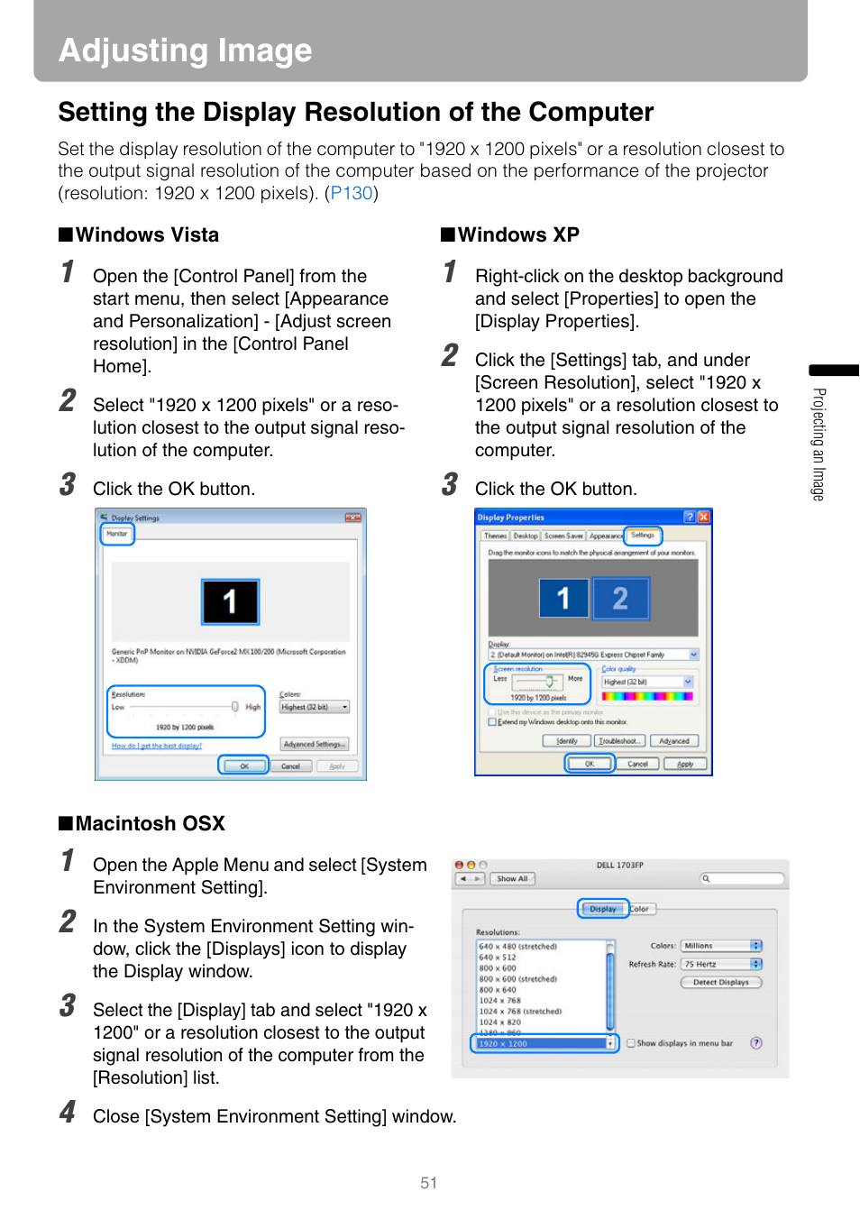 Adjusting image, Setting the display resolution of the computer, Windows vista | Windows xp, Macintosh osx | Canon REALIS WUX10 MARK II D User Manual | Page 51 / 146