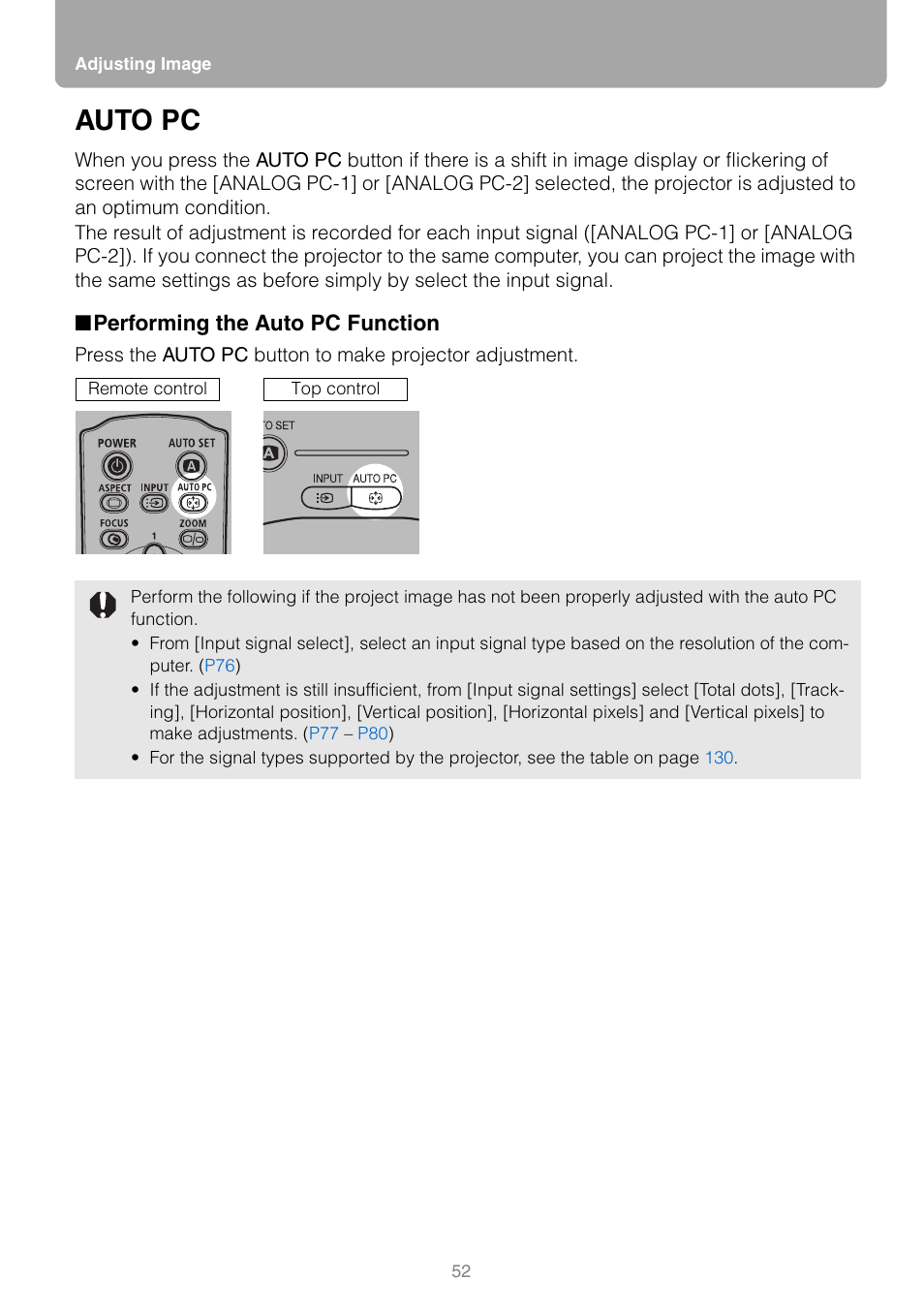 Auto pc, Performing the auto pc function | Canon REALIS WUX10 MARK II D User Manual | Page 52 / 146