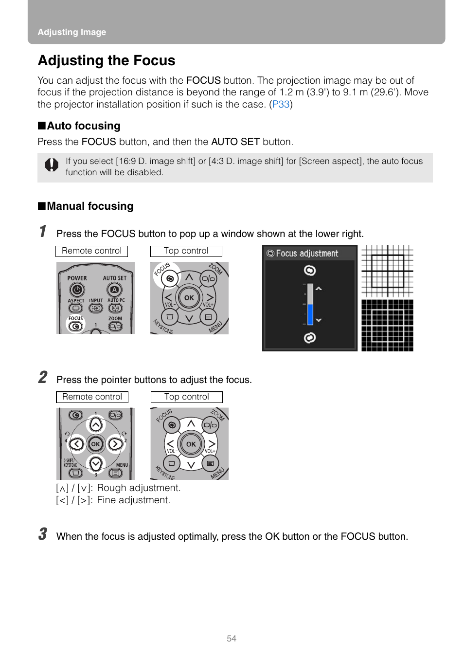 Adjusting the focus, Auto focusing, Manual focusing | Canon REALIS WUX10 MARK II D User Manual | Page 54 / 146