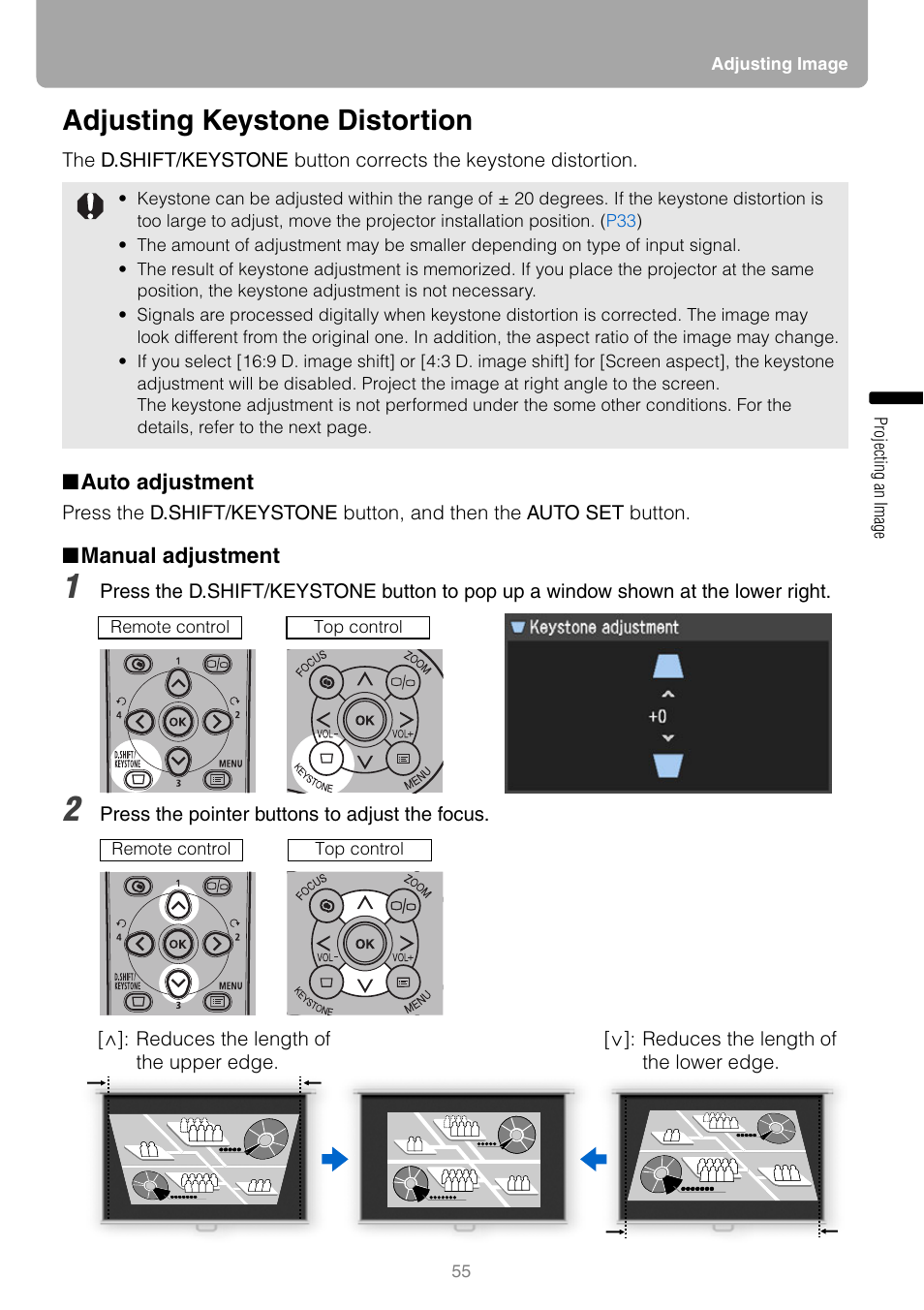 Adjusting keystone distortion, Auto adjustment, Manual adjustment | Tton, Tion, And c | Canon REALIS WUX10 MARK II D User Manual | Page 55 / 146