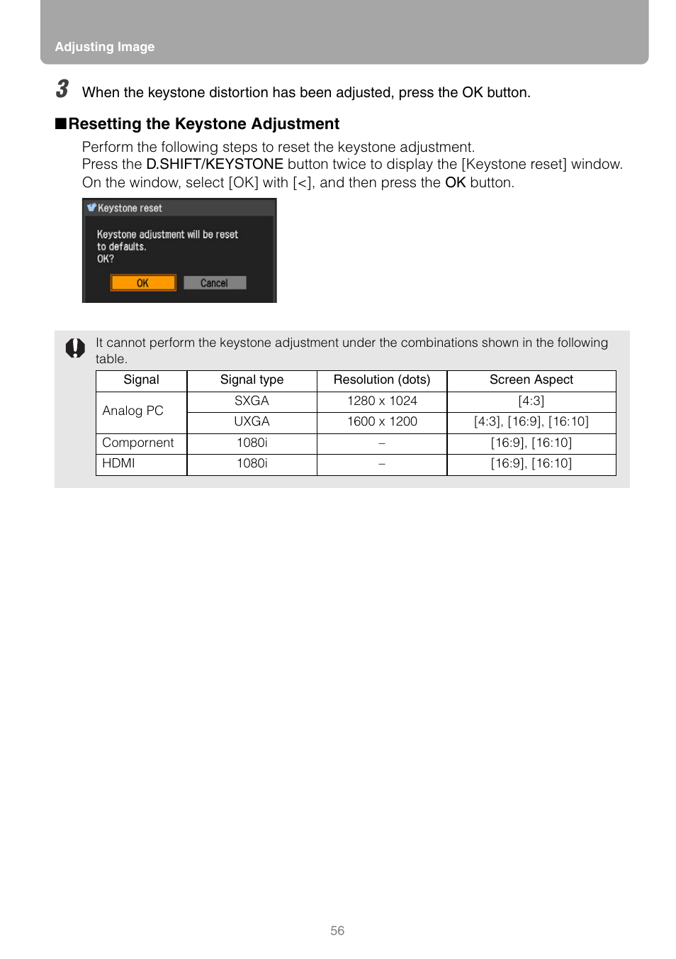 Resetting the keystone adjustment | Canon REALIS WUX10 MARK II D User Manual | Page 56 / 146
