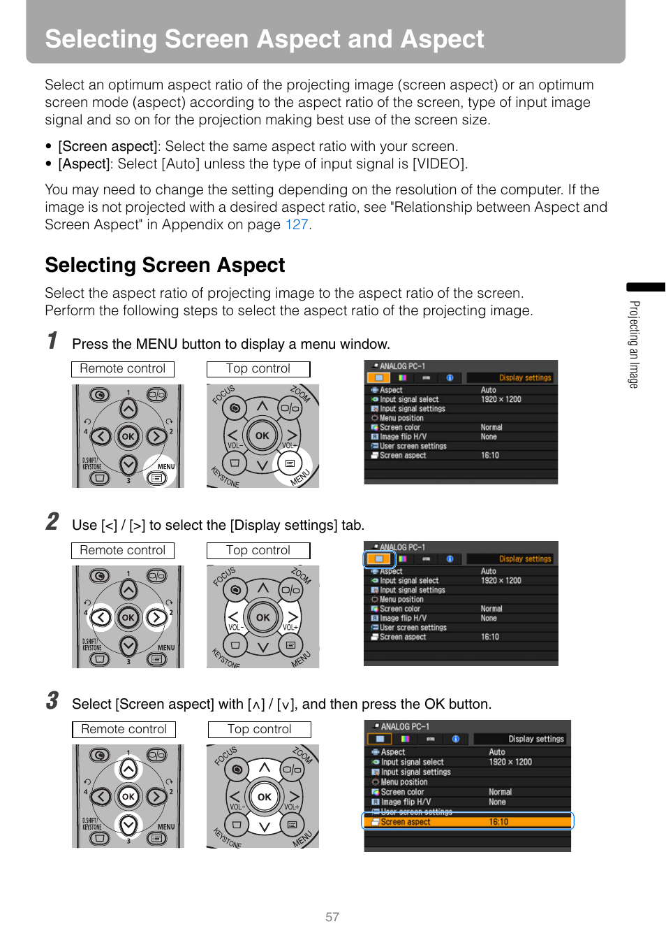 Selecting screen aspect and aspect, Selecting screen aspect | Canon REALIS WUX10 MARK II D User Manual | Page 57 / 146