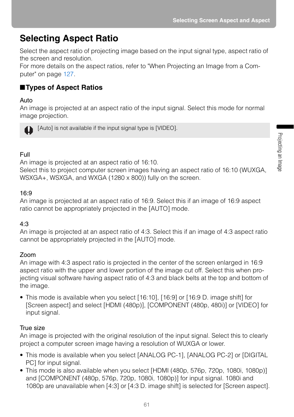 Selecting aspect ratio, Types of aspect ratios | Canon REALIS WUX10 MARK II D User Manual | Page 61 / 146