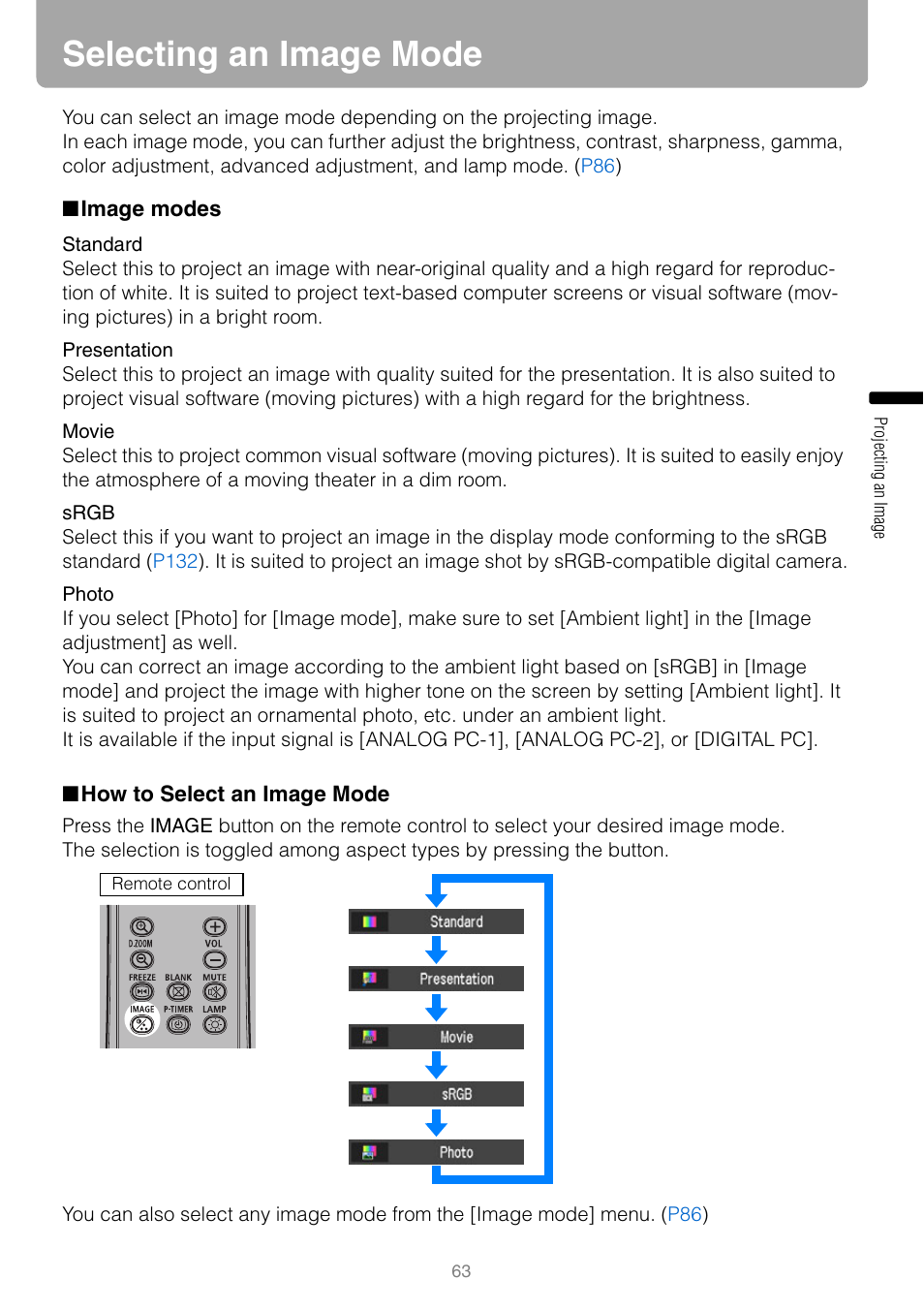 Selecting an image mode, Image modes, How to select an image mode | Canon REALIS WUX10 MARK II D User Manual | Page 63 / 146