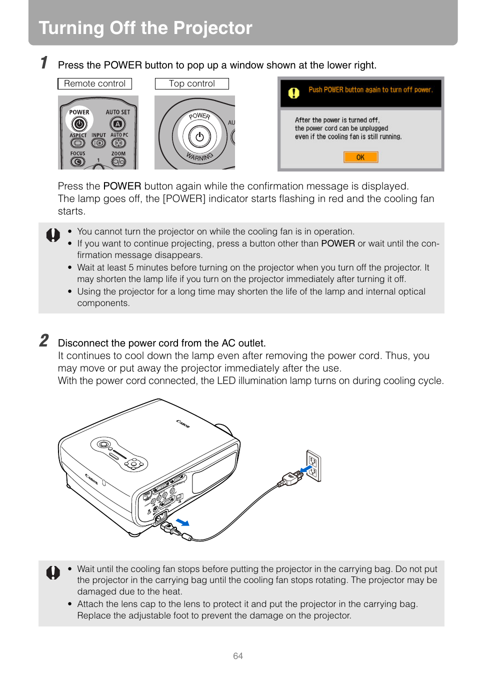 Turning off the projector | Canon REALIS WUX10 MARK II D User Manual | Page 64 / 146