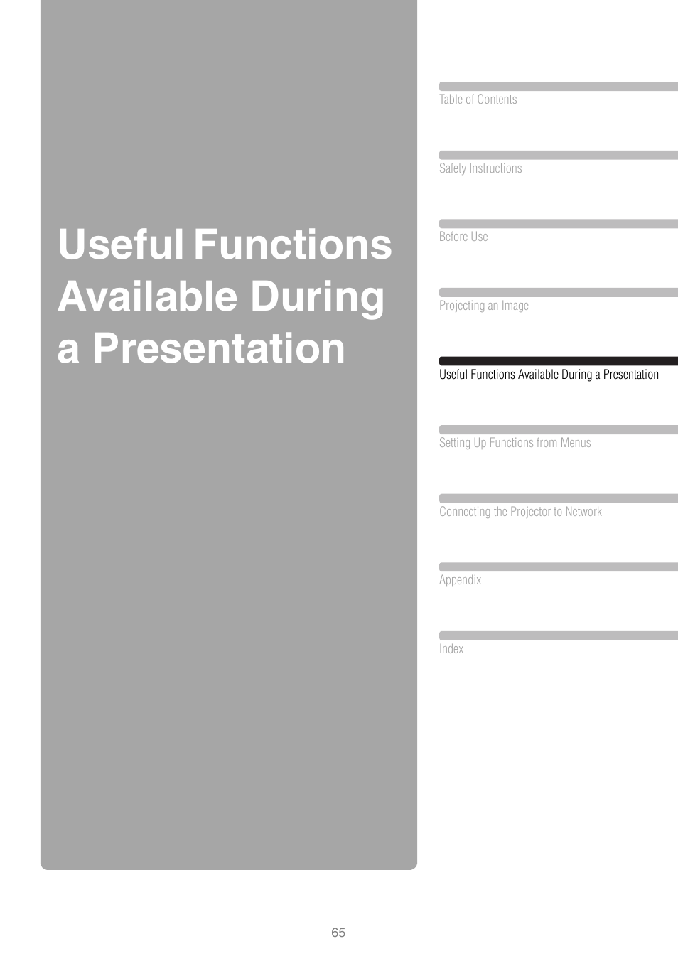 Useful functions available during a presentation | Canon REALIS WUX10 MARK II D User Manual | Page 65 / 146