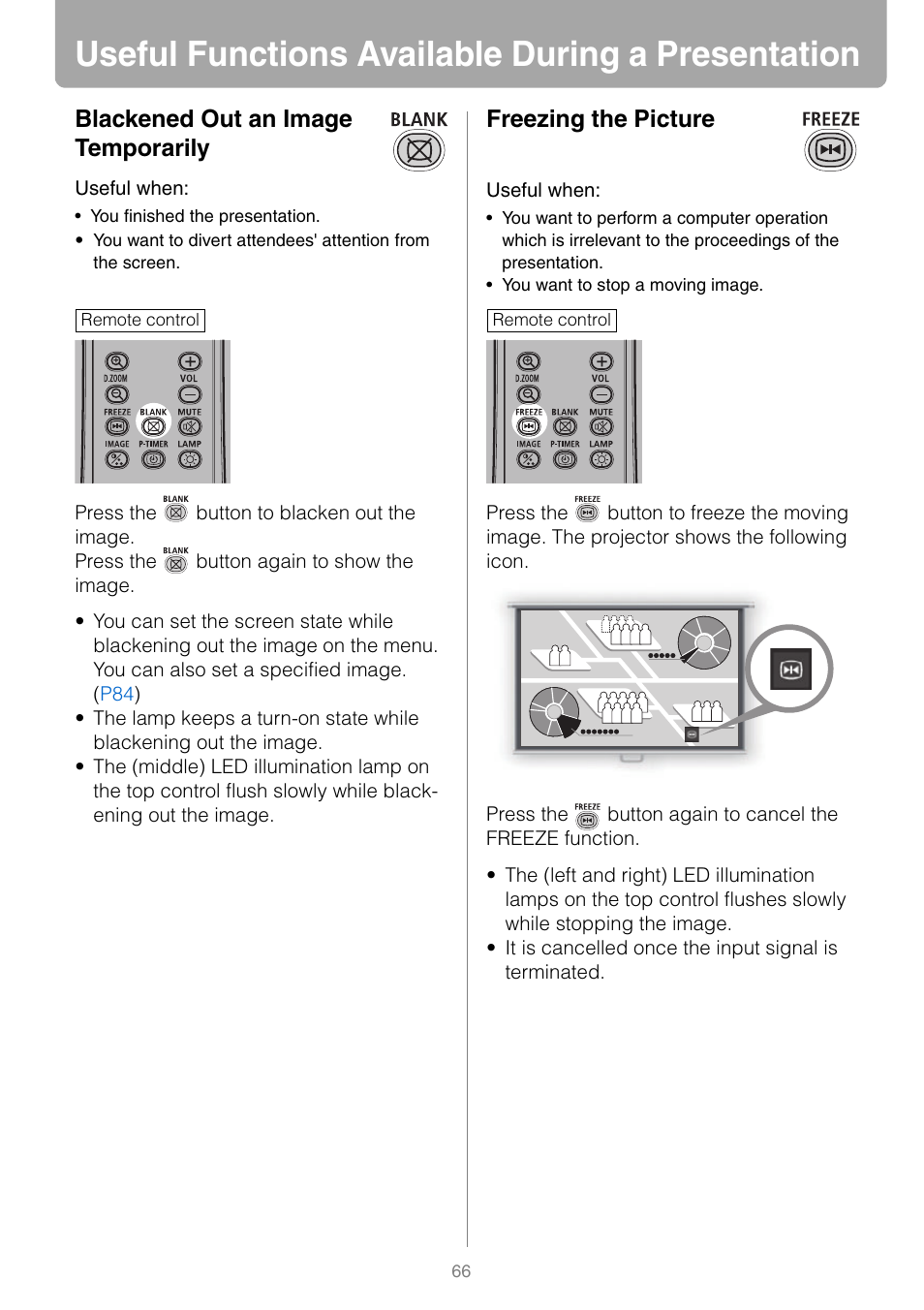 Useful functions available during a presentation, Blackened out an image temporarily, Freezing the picture | Tton | Canon REALIS WUX10 MARK II D User Manual | Page 66 / 146