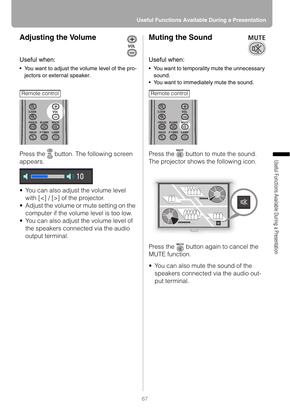 Adjusting the volume, Muting the sound, He sound | Canon REALIS WUX10 MARK II D User Manual | Page 67 / 146