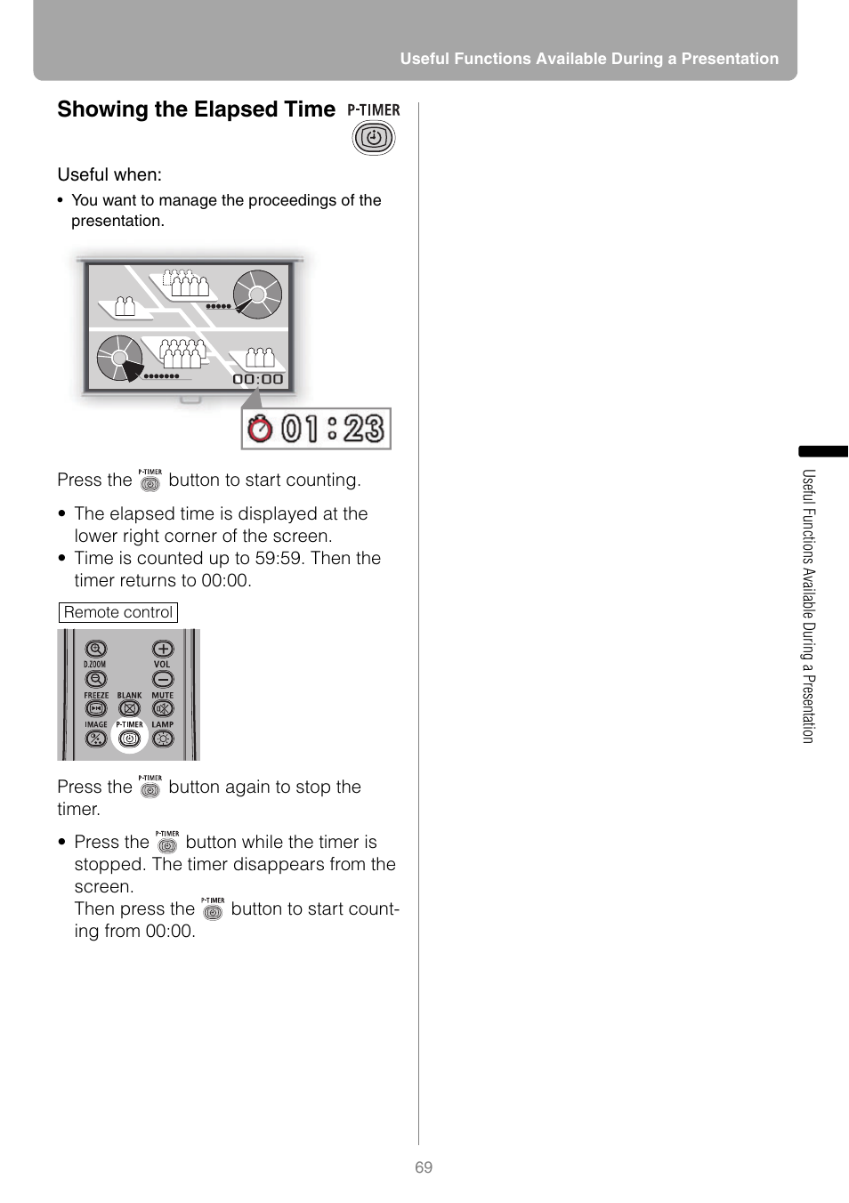 Showing the elapsed time | Canon REALIS WUX10 MARK II D User Manual | Page 69 / 146