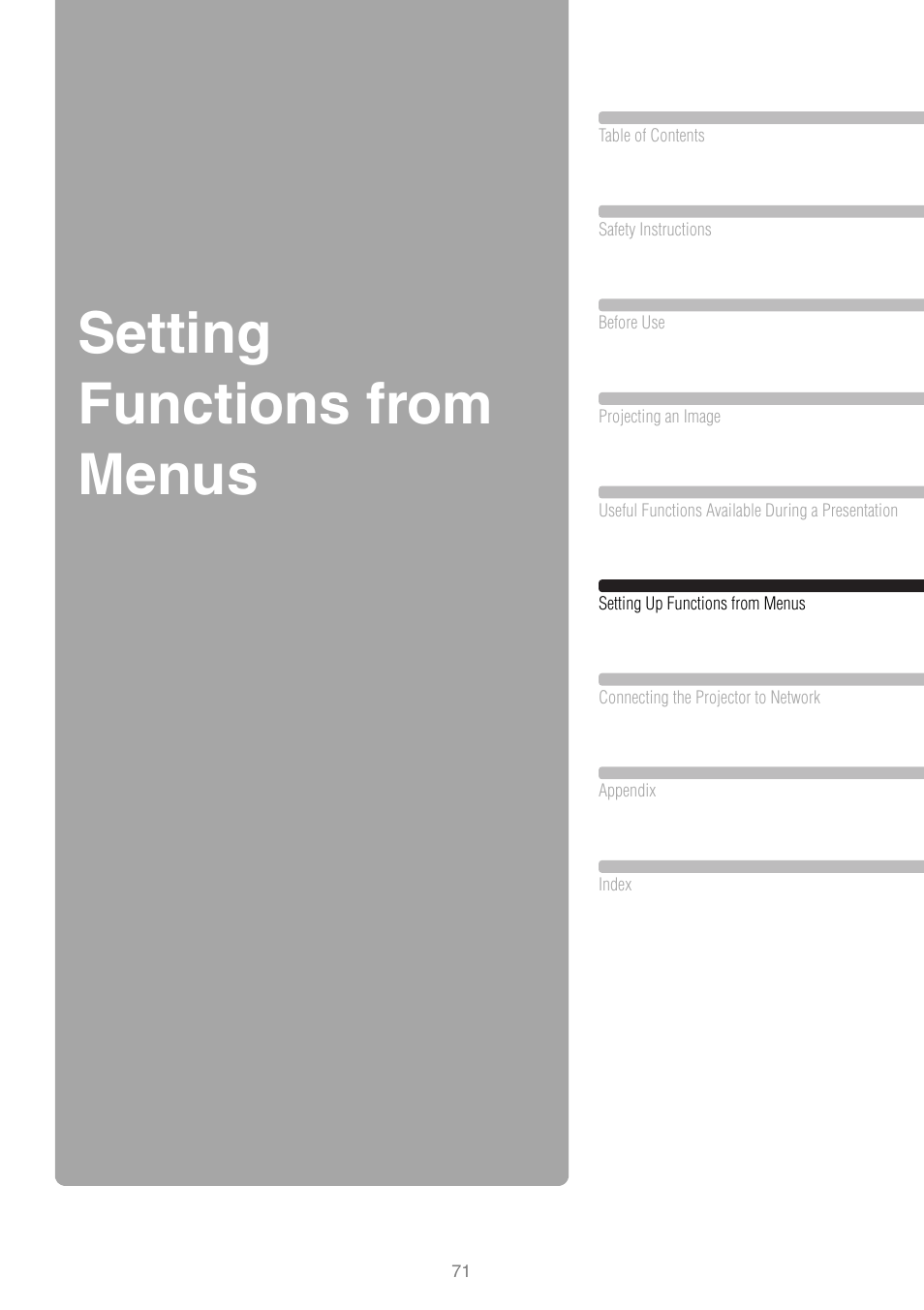 Setting functions from menus | Canon REALIS WUX10 MARK II D User Manual | Page 71 / 146