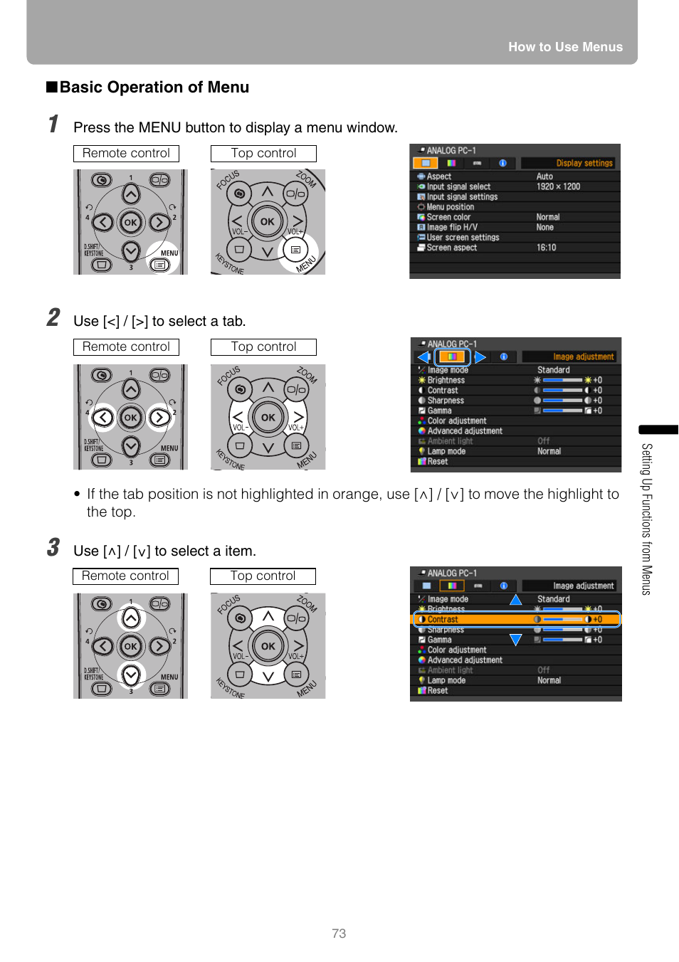 Basic operation of menu, Ttons | Canon REALIS WUX10 MARK II D User Manual | Page 73 / 146