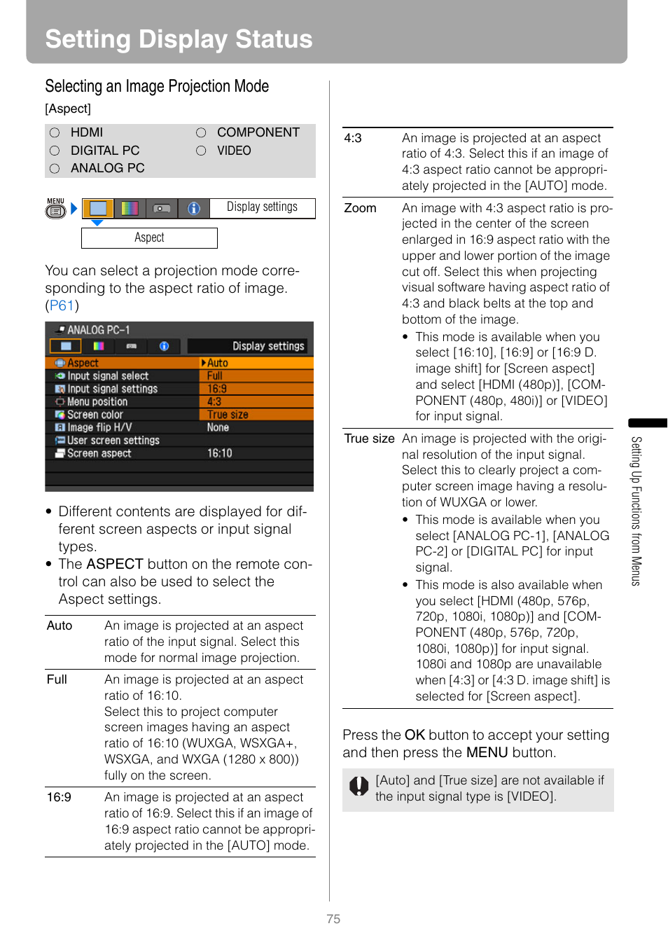 Setting display status, Selecting an image projection mode | Canon REALIS WUX10 MARK II D User Manual | Page 75 / 146