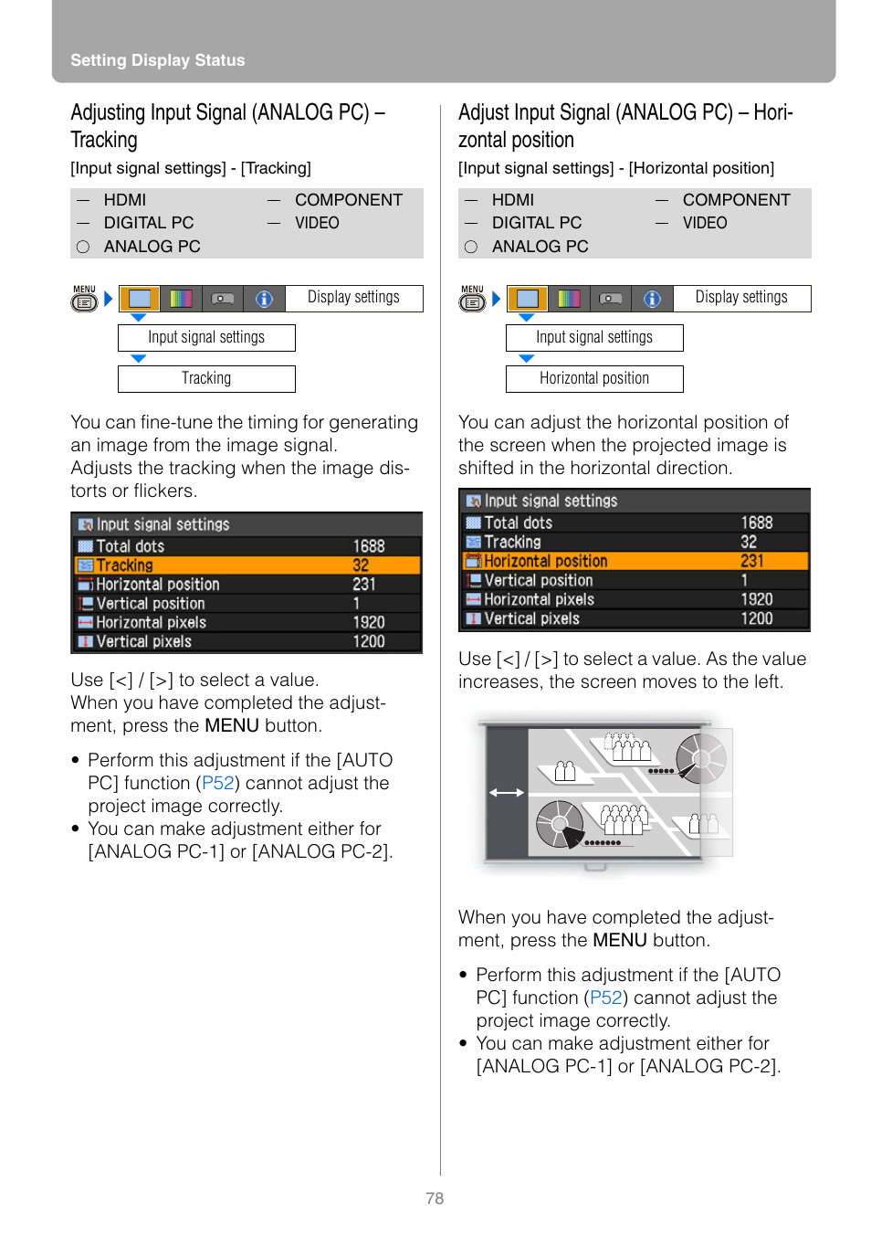 Adjusting input signal (analog pc) - tracking, Adjusting input signal (analog pc) – tracking | Canon REALIS WUX10 MARK II D User Manual | Page 78 / 146