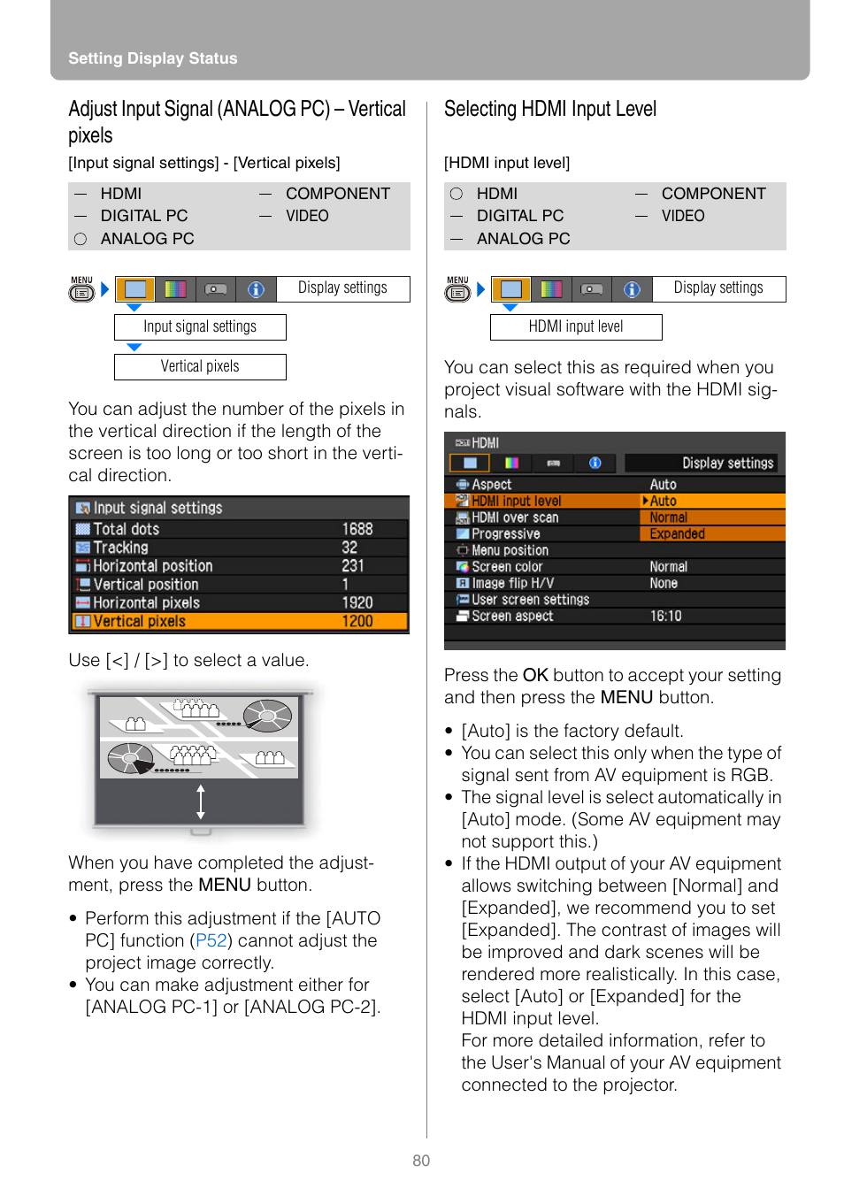 Adjust input signal (analog pc) - vertical pixels, Selecting hdmi input level, Adjust input signal (analog pc) – vertical pixels | Canon REALIS WUX10 MARK II D User Manual | Page 80 / 146