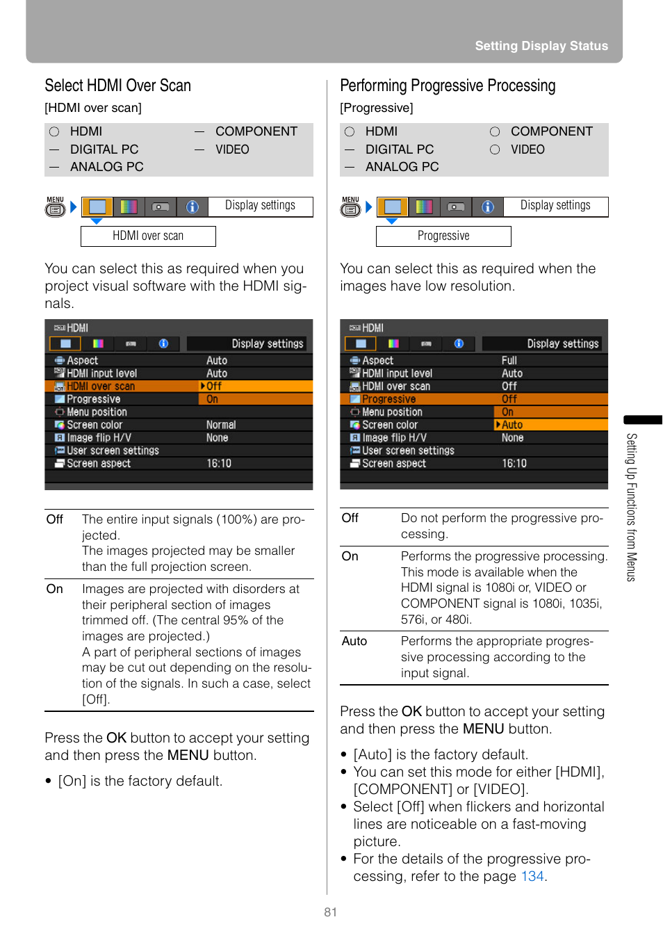 Select hdmi over scan, Performing progressive processing | Canon REALIS WUX10 MARK II D User Manual | Page 81 / 146