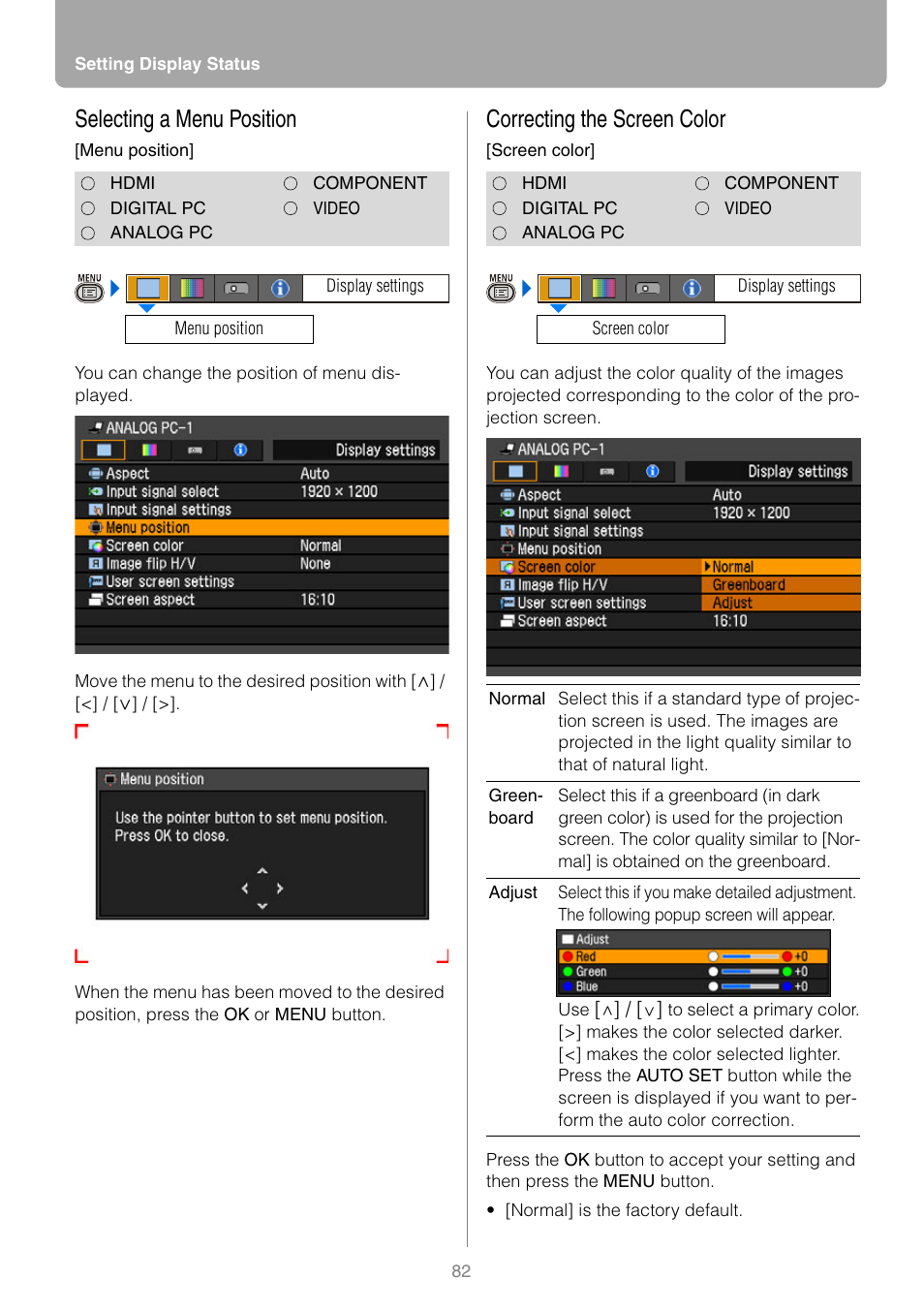 Selecting a menu position, Correcting the screen color, Menu | Canon REALIS WUX10 MARK II D User Manual | Page 82 / 146