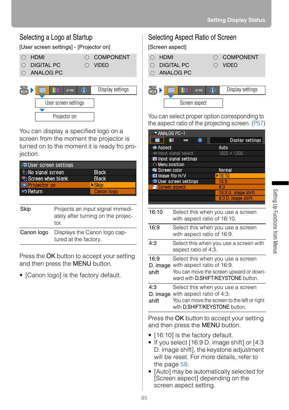 Selecting a logo at startup, Selecting aspect ratio of screen | Canon REALIS WUX10 MARK II D User Manual | Page 85 / 146