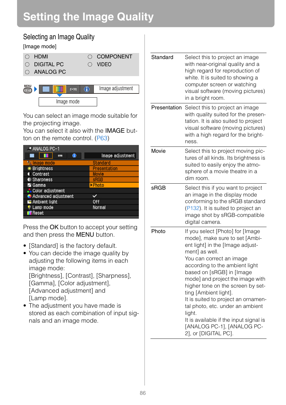 Setting the image quality, Selecting an image quality | Canon REALIS WUX10 MARK II D User Manual | Page 86 / 146