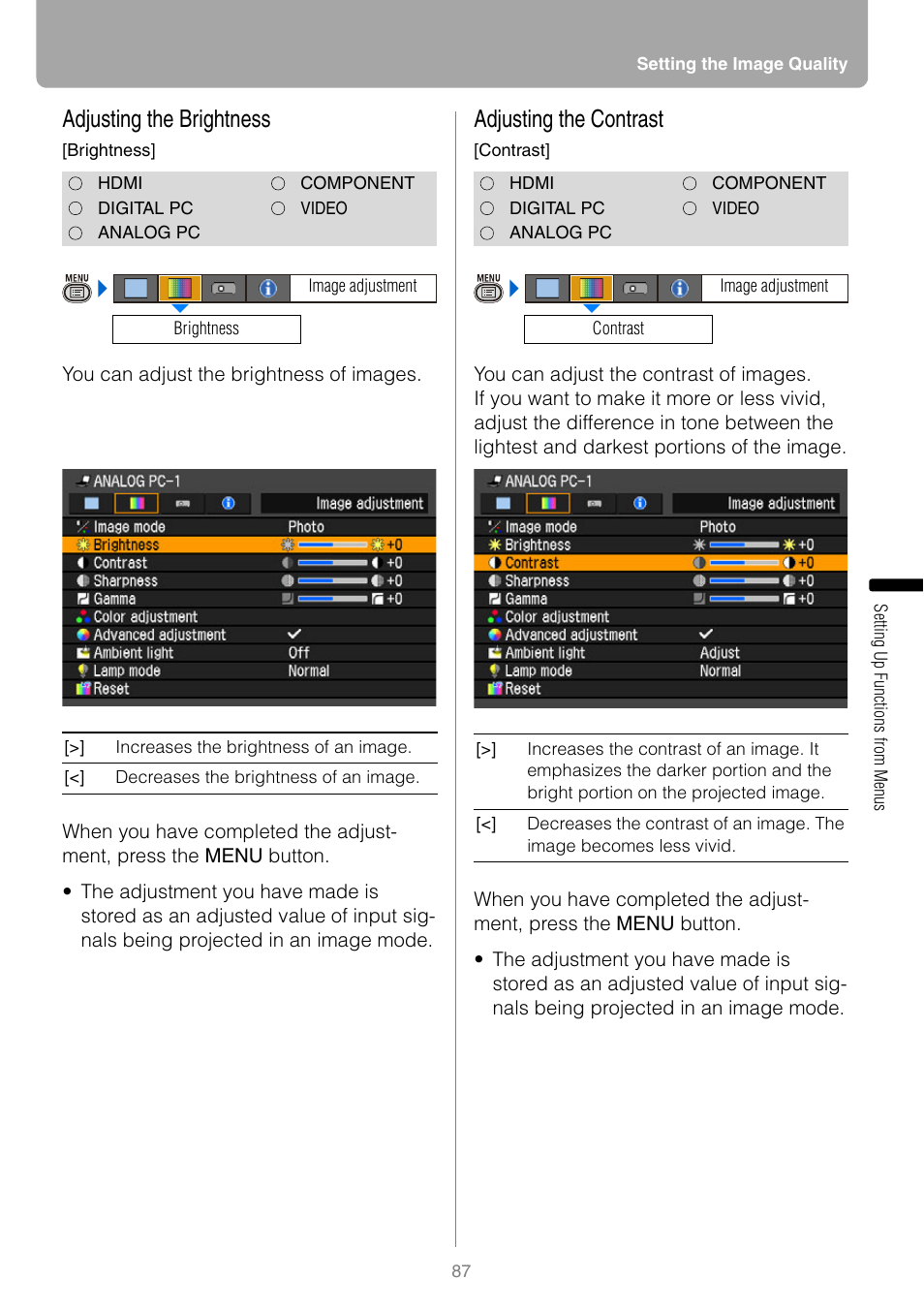 Adjusting the brightness, Adjusting the contrast | Canon REALIS WUX10 MARK II D User Manual | Page 87 / 146